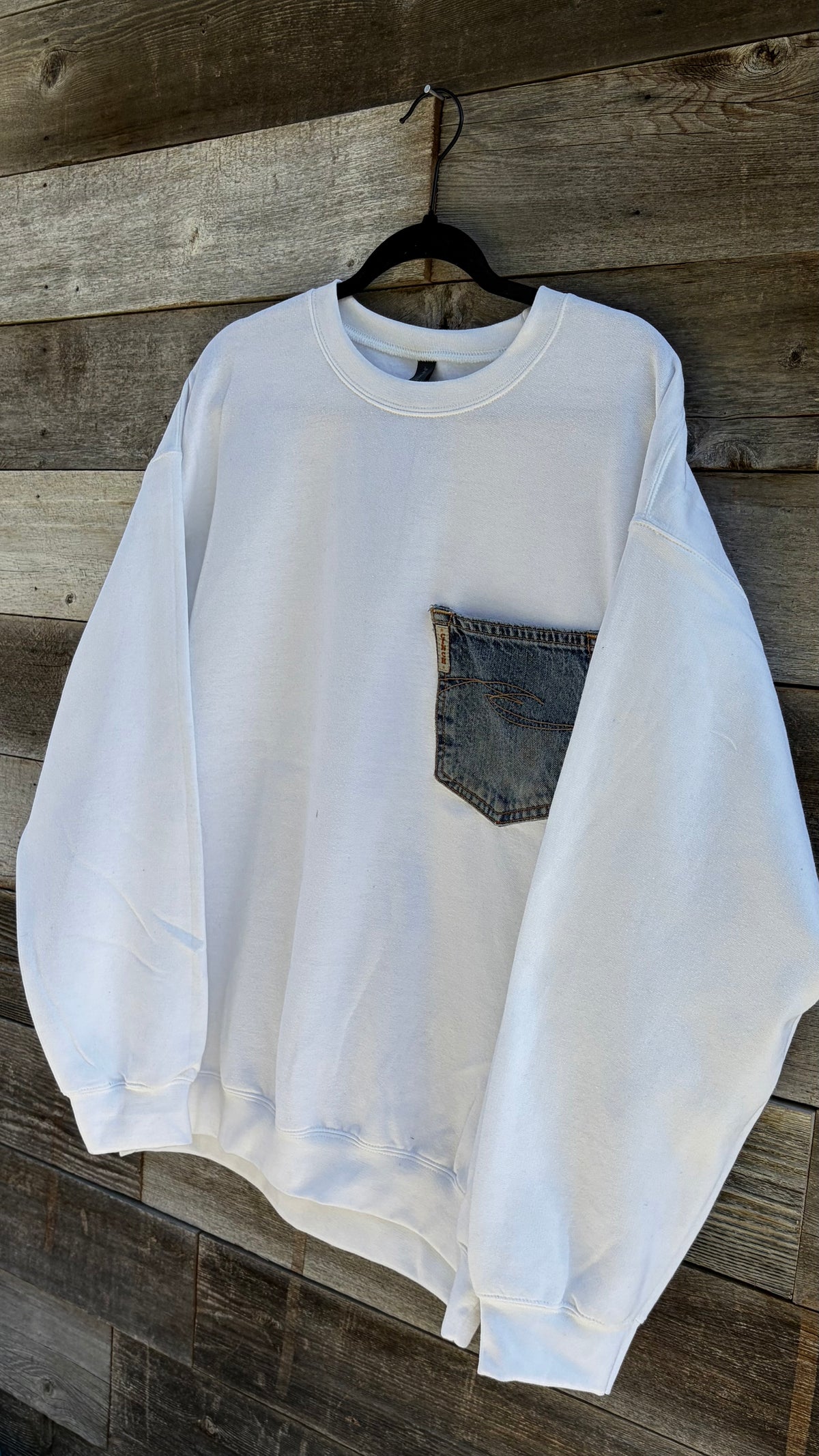 White Cinch Pocket Crewneck